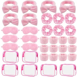 LEFIMOT 36 Pcs Sleepover Party Supplies 12 Pink Spa Headband 6 Pink Plush Sleep Eye Mask 6 Velvet Scrunchies 6 Wristband 6 Clear Cosmetic Bags for Women Slumber Spa Party Favor Gift Skincare Makeup
