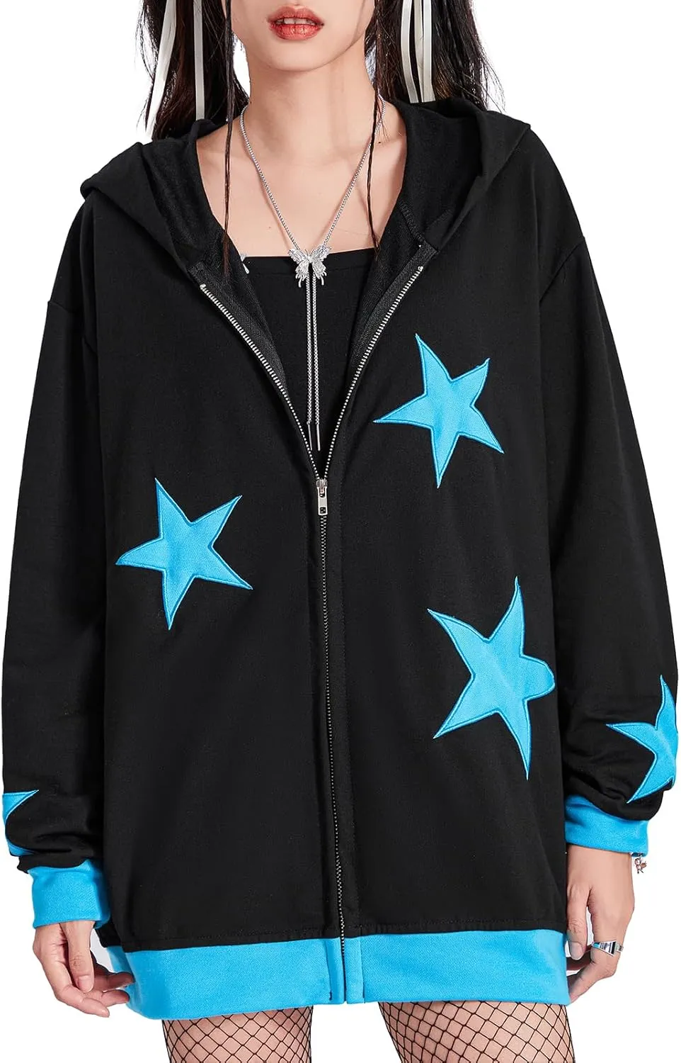 lisenraIn Women Teen Girls Star Pattern Zip Up Hoodie Y2K Vintage Oversized Sweatshirt Spring Fall Aesthetic Trendy Jacket