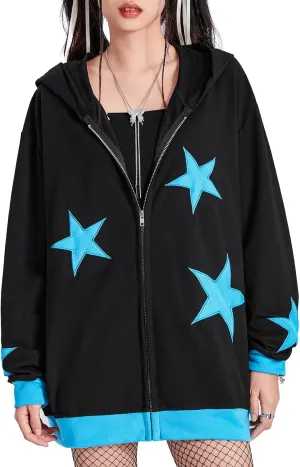 lisenraIn Women Teen Girls Star Pattern Zip Up Hoodie Y2K Vintage Oversized Sweatshirt Spring Fall Aesthetic Trendy Jacket