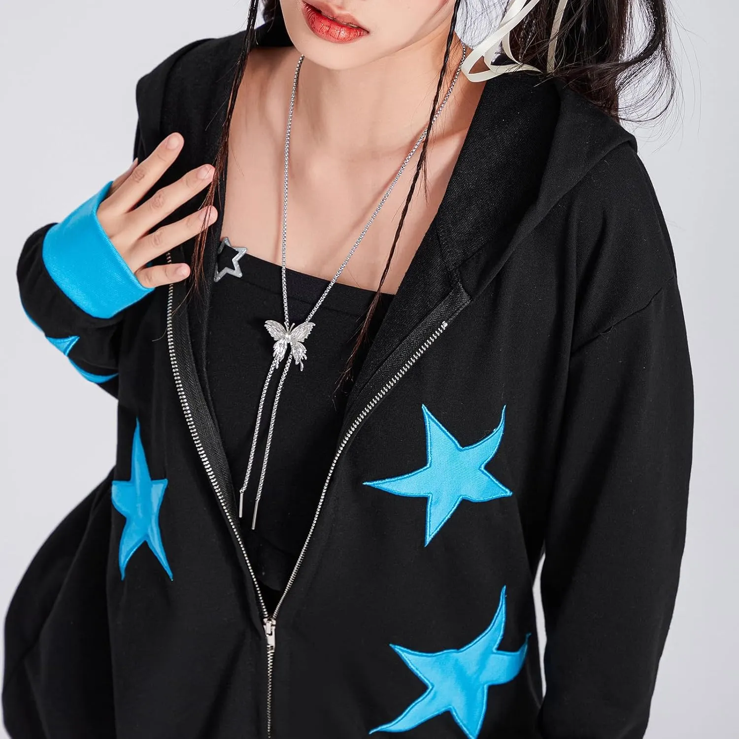 lisenraIn Women Teen Girls Star Pattern Zip Up Hoodie Y2K Vintage Oversized Sweatshirt Spring Fall Aesthetic Trendy Jacket