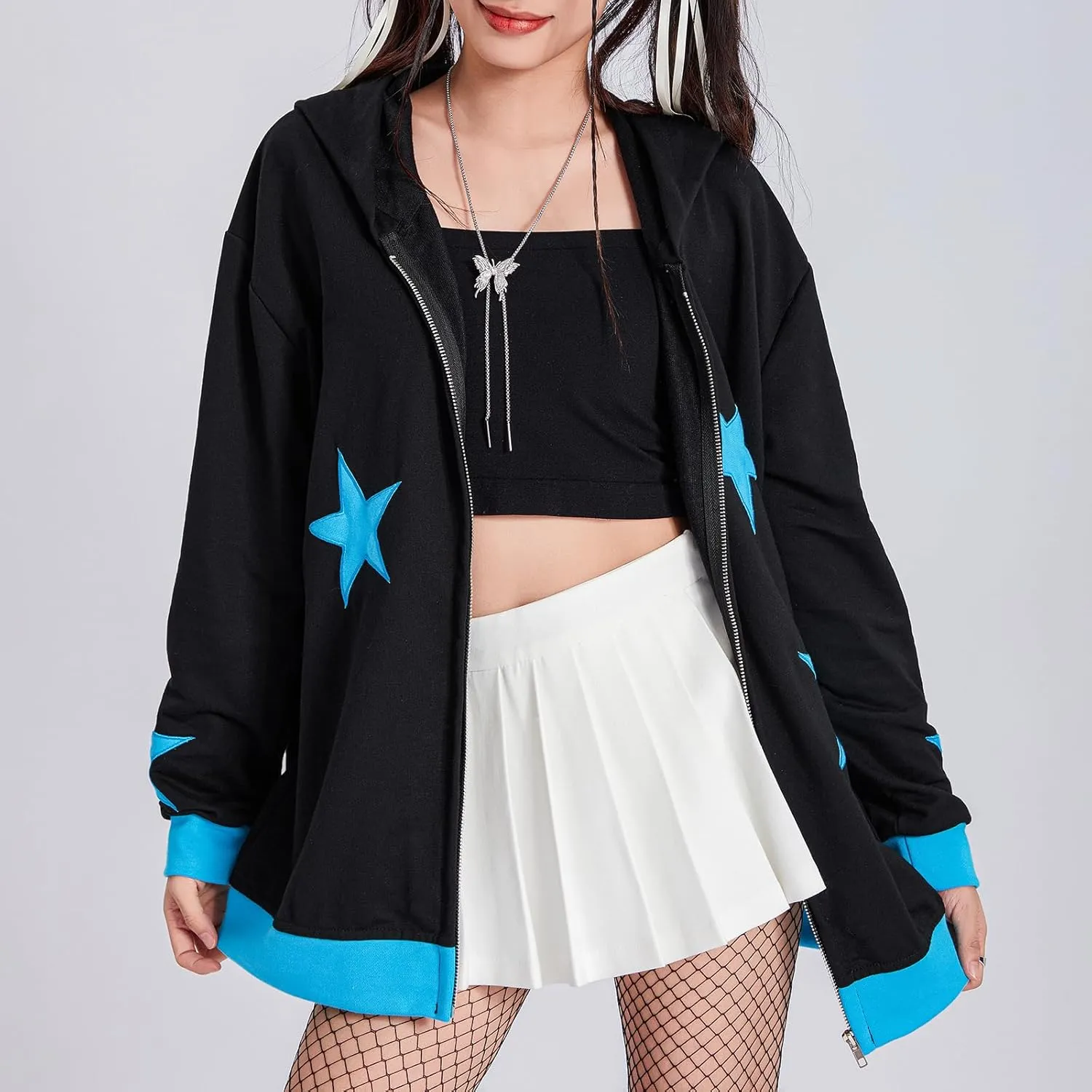 lisenraIn Women Teen Girls Star Pattern Zip Up Hoodie Y2K Vintage Oversized Sweatshirt Spring Fall Aesthetic Trendy Jacket
