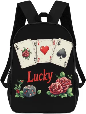 Lucky Gambling Casino Cards And Dice 17 Inch Shoulder Backpack Fashion Laptop Bag Travel Daypack for Camping Hiking