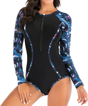 Lu's Chic Women's Rash Guard Zip Wetsuit Long Torso Swimsuit Surf Swimwear One Piece Sleeveless