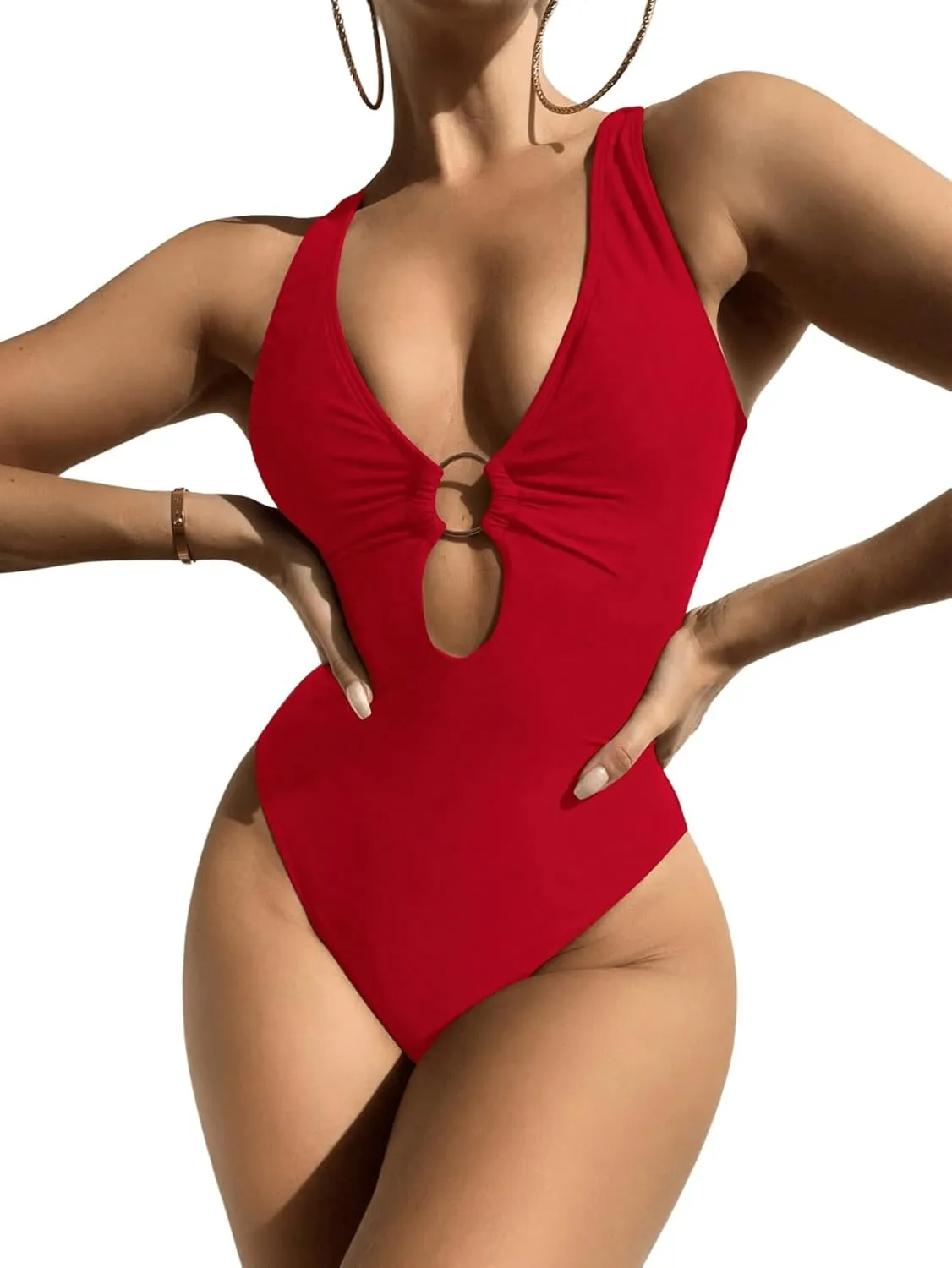 MakeMeChic Women's Twist Back Cut Out Ring Plunge Neck One Piece Swimsuit Bathing Suit