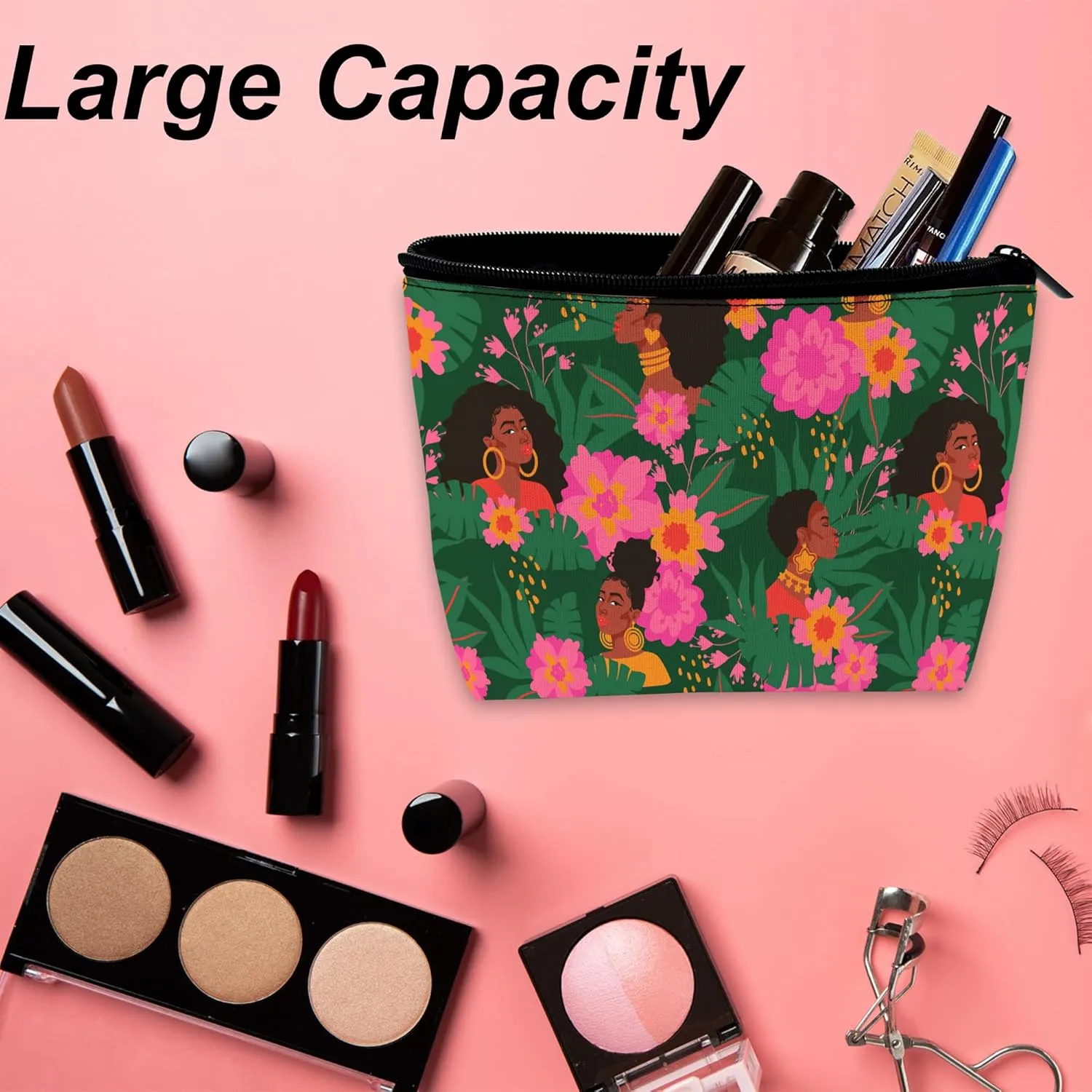 Makeup Bag African Women Flowers Cosmetic Bag for Women, Waterproof Large Capacity Travel Toiletry Organizer 9.55.9 Inch