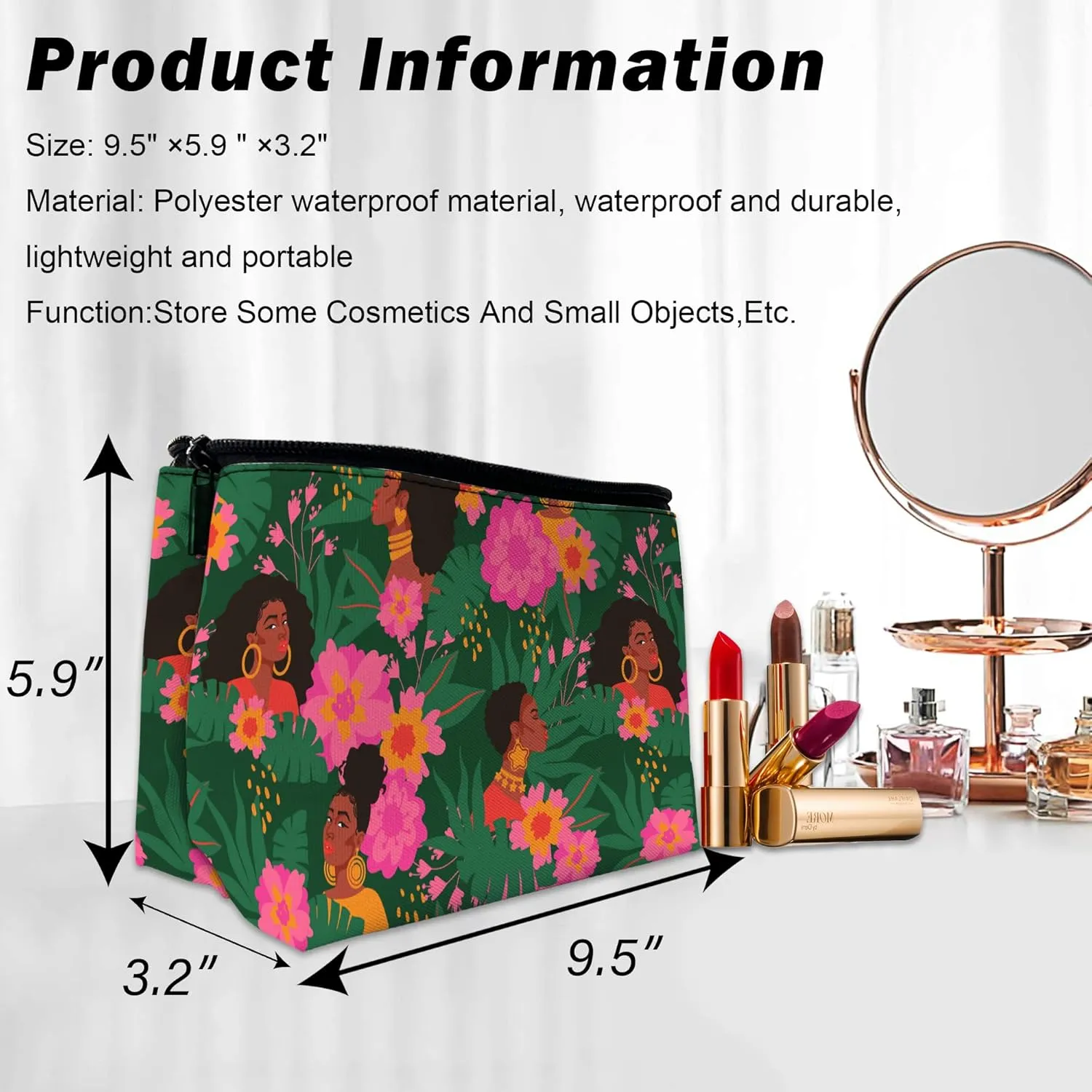 Makeup Bag African Women Flowers Cosmetic Bag for Women, Waterproof Large Capacity Travel Toiletry Organizer 9.55.9 Inch