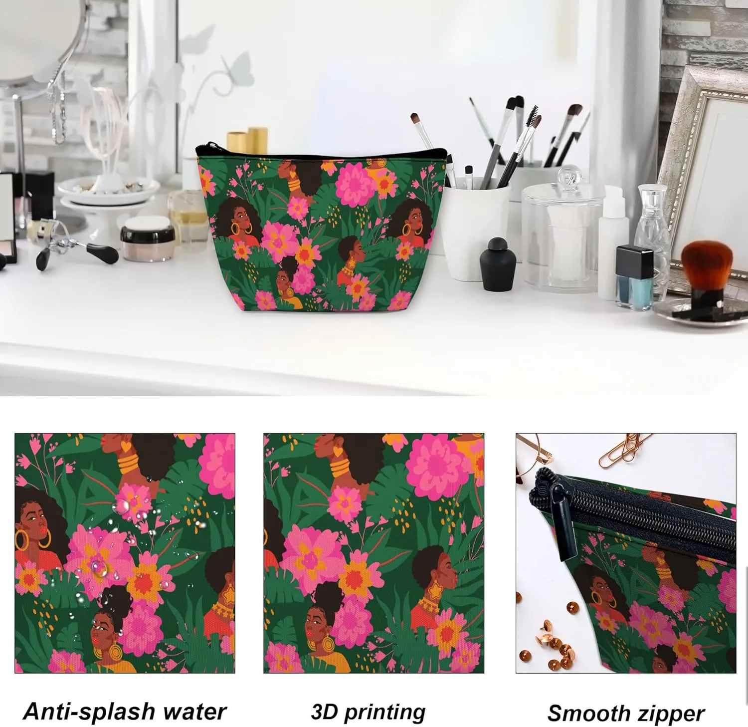 Makeup Bag African Women Flowers Cosmetic Bag for Women, Waterproof Large Capacity Travel Toiletry Organizer 9.55.9 Inch