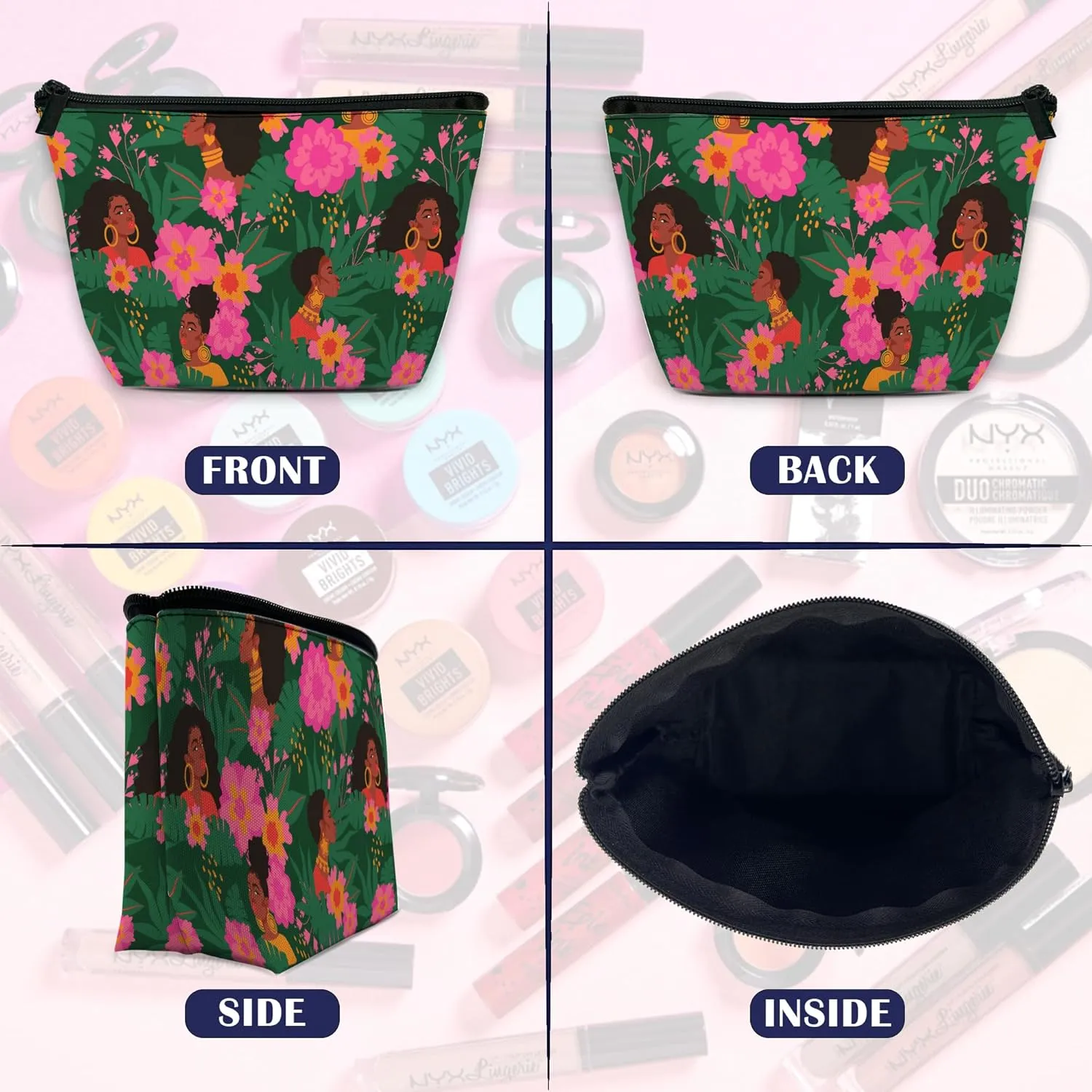 Makeup Bag African Women Flowers Cosmetic Bag for Women, Waterproof Large Capacity Travel Toiletry Organizer 9.55.9 Inch