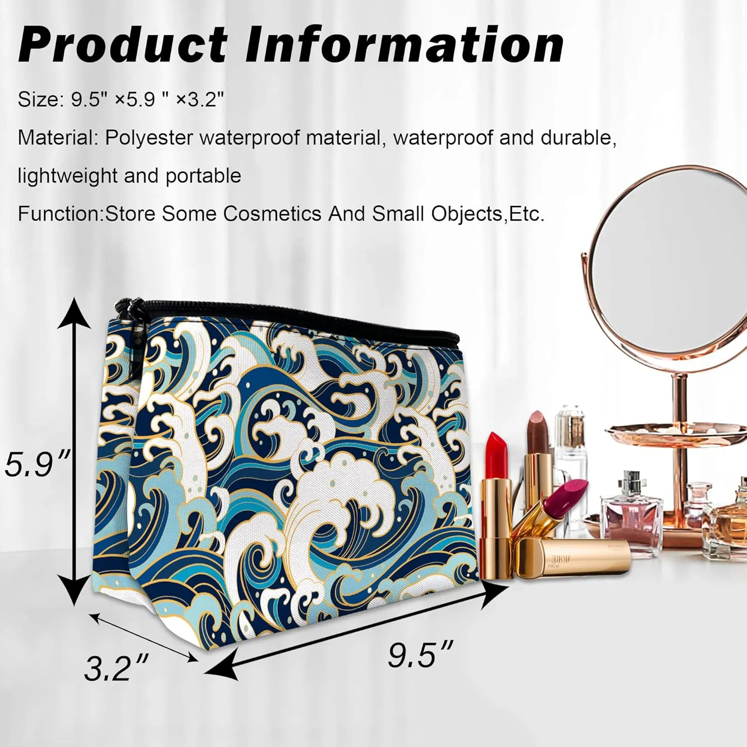 Makeup Bag for Purse, Japanese Blue and White Wave Cosmetic Bag for Women, Travel Toiletry Funny Zipper Pouch Gift 9.55.9 Inch