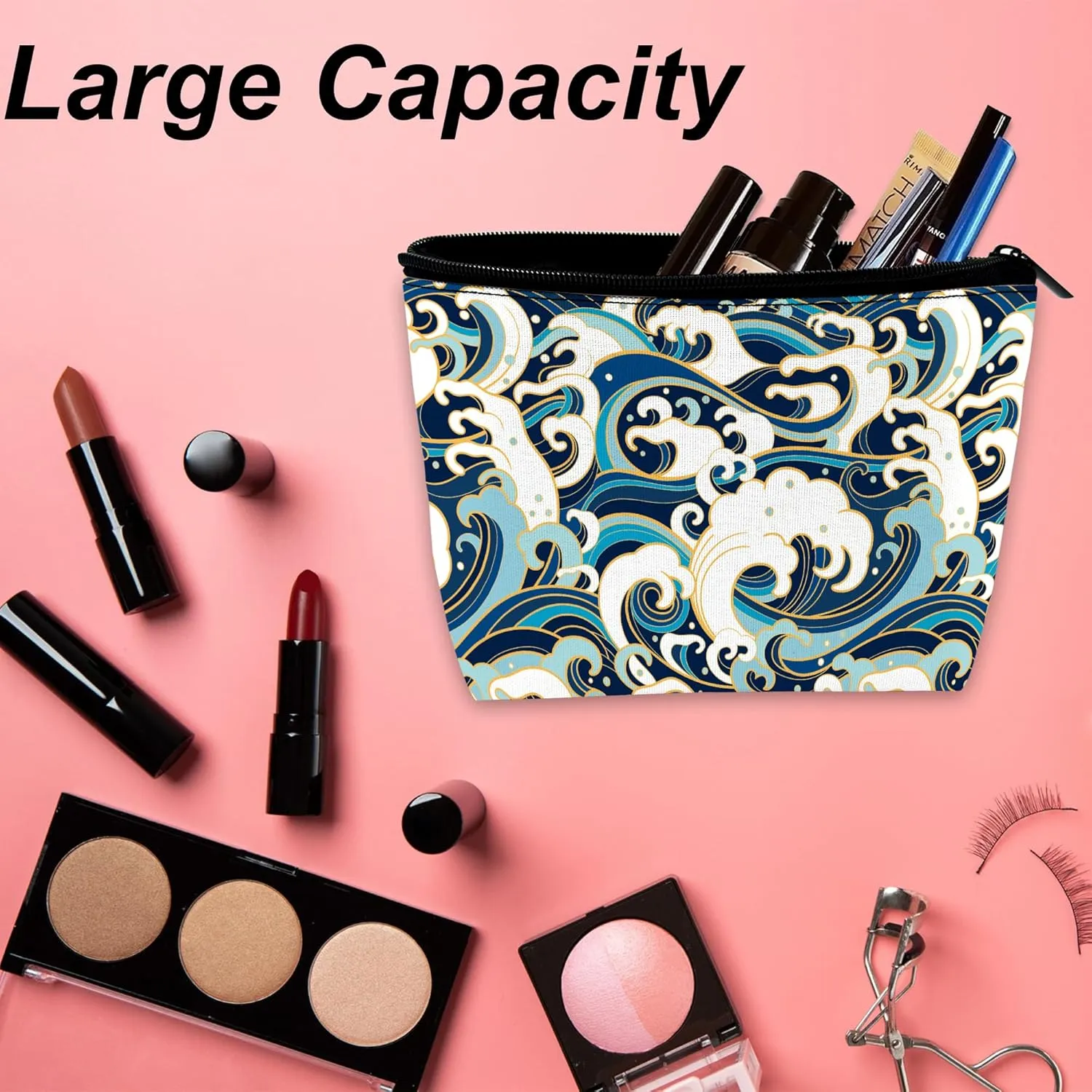 Makeup Bag for Purse, Japanese Blue and White Wave Cosmetic Bag for Women, Travel Toiletry Funny Zipper Pouch Gift 9.55.9 Inch