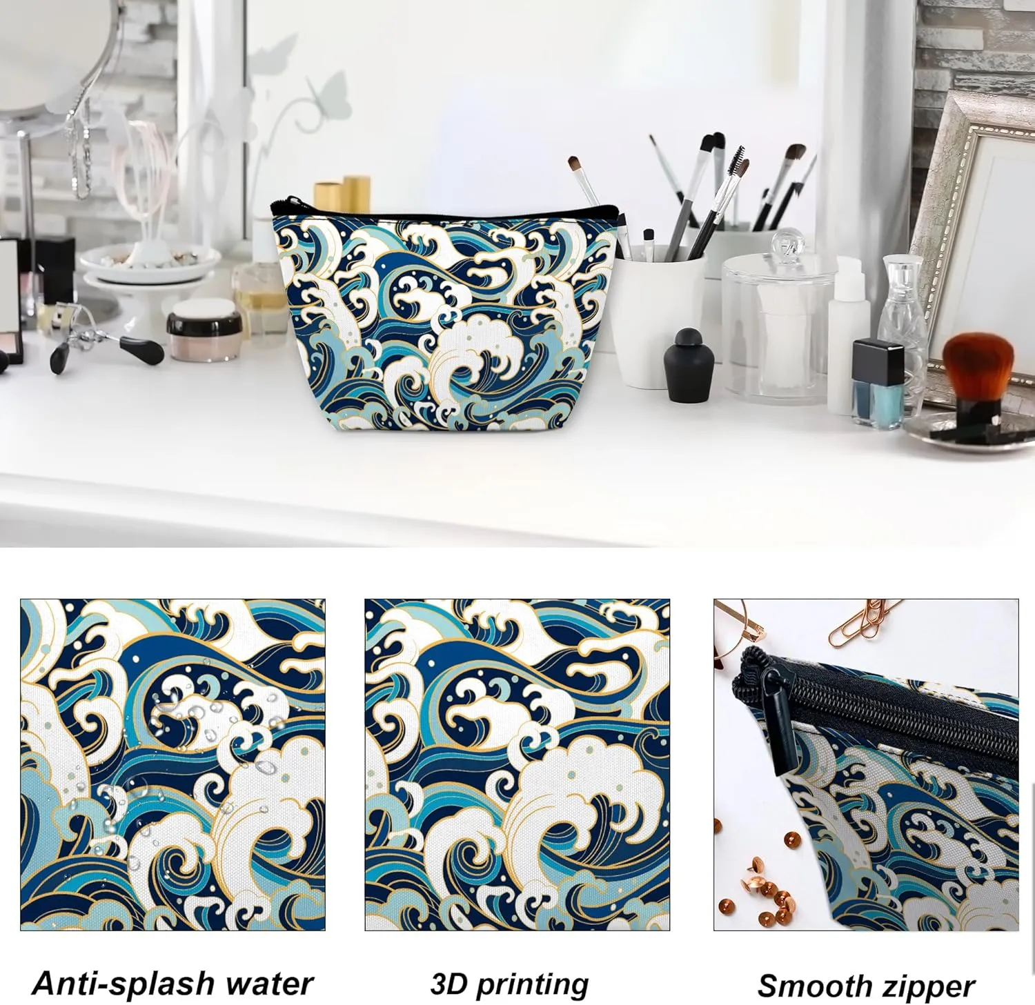 Makeup Bag for Purse, Japanese Blue and White Wave Cosmetic Bag for Women, Travel Toiletry Funny Zipper Pouch Gift 9.55.9 Inch