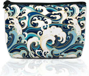 Makeup Bag for Purse, Japanese Blue and White Wave Cosmetic Bag for Women, Travel Toiletry Funny Zipper Pouch Gift 9.55.9 Inch