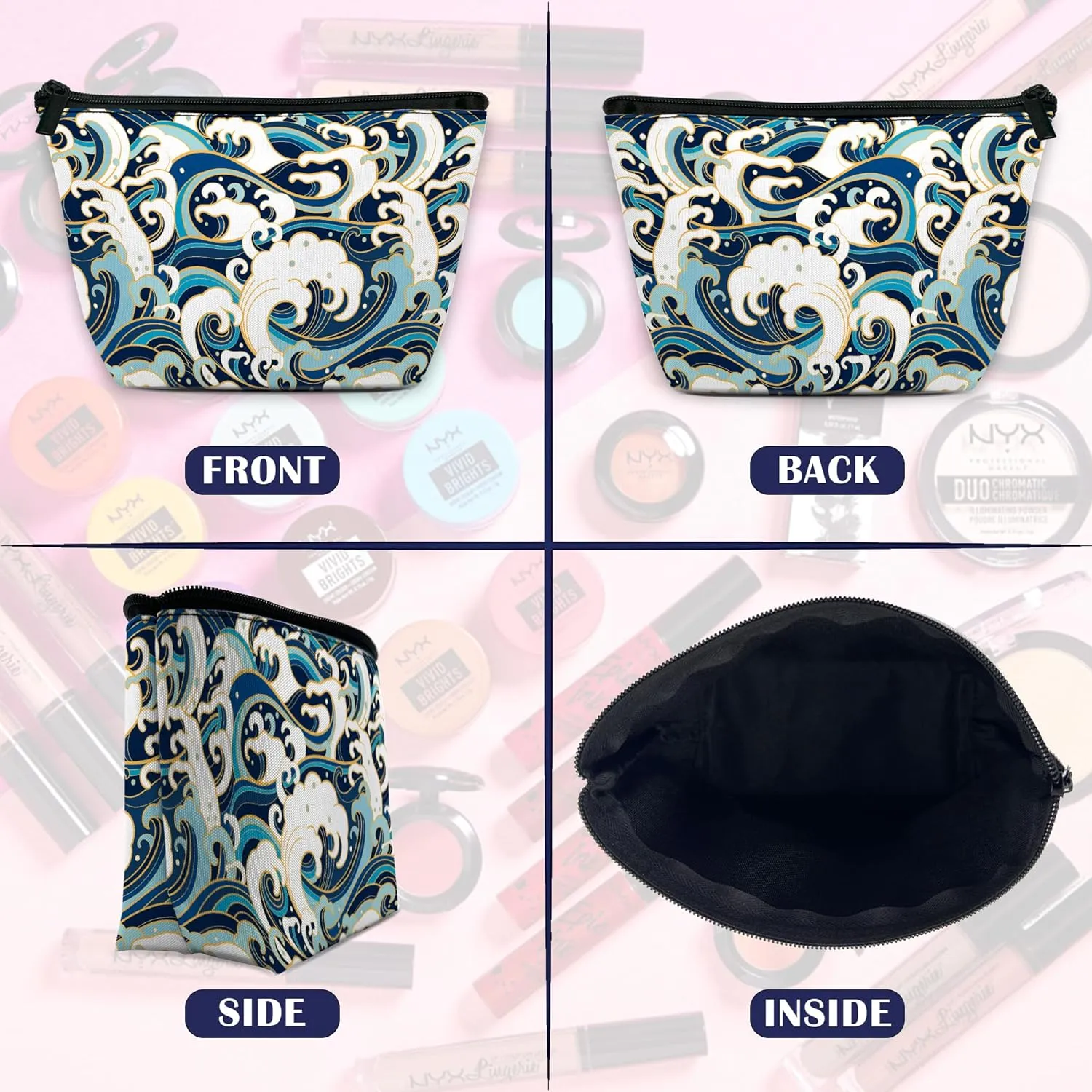 Makeup Bag for Purse, Japanese Blue and White Wave Cosmetic Bag for Women, Travel Toiletry Funny Zipper Pouch Gift 9.55.9 Inch