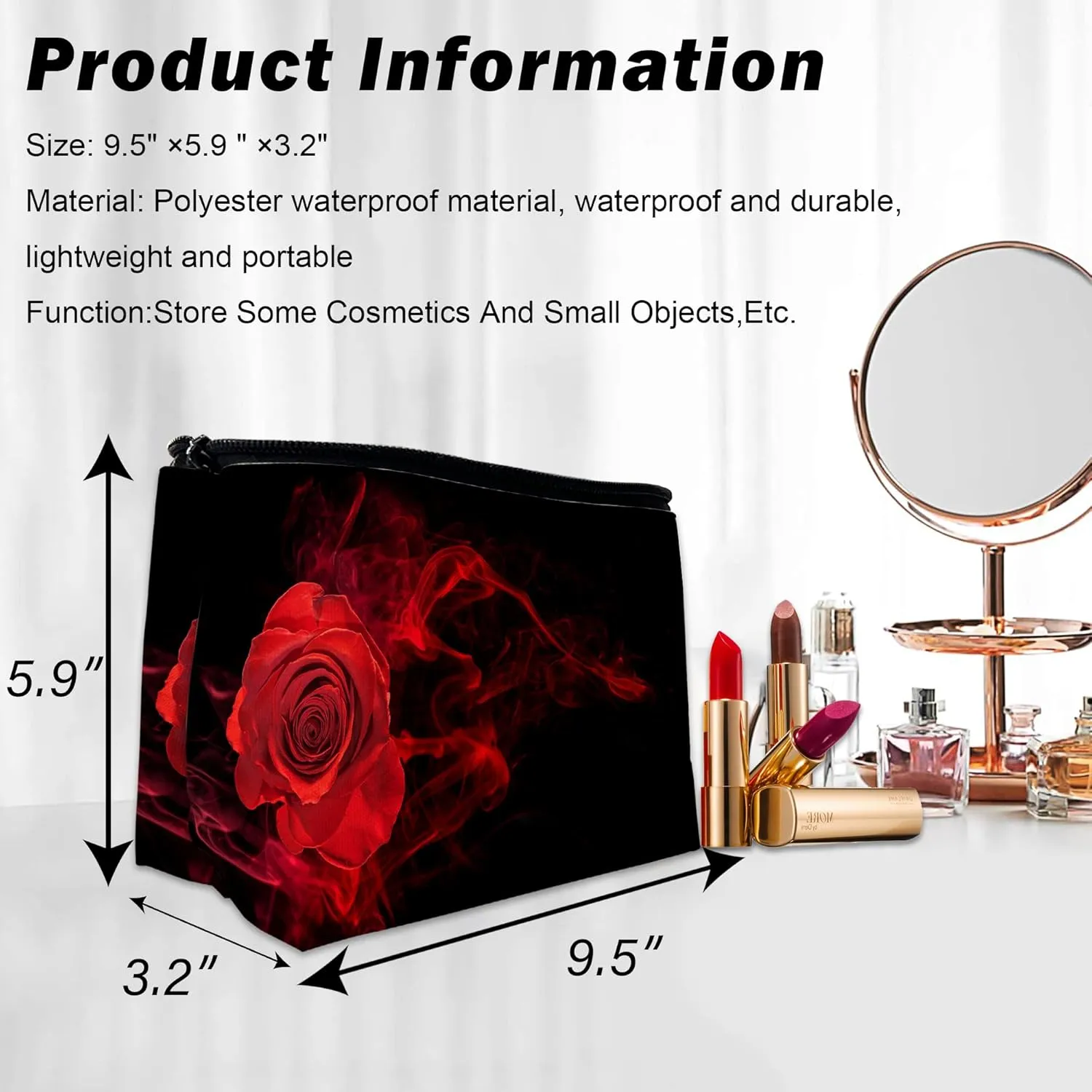Makeup Bag for Purse, Waterproof Funny Abstract Red Rose Cosmetic Bag for Women, Zipper Travel Toiletry Pouch with Black Leaves Gift 9.55.9 Inch