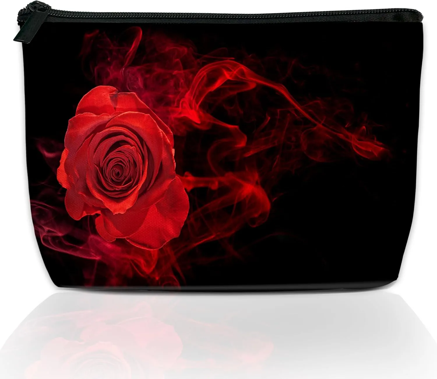 Makeup Bag for Purse, Waterproof Funny Abstract Red Rose Cosmetic Bag for Women, Zipper Travel Toiletry Pouch with Black Leaves Gift 9.55.9 Inch