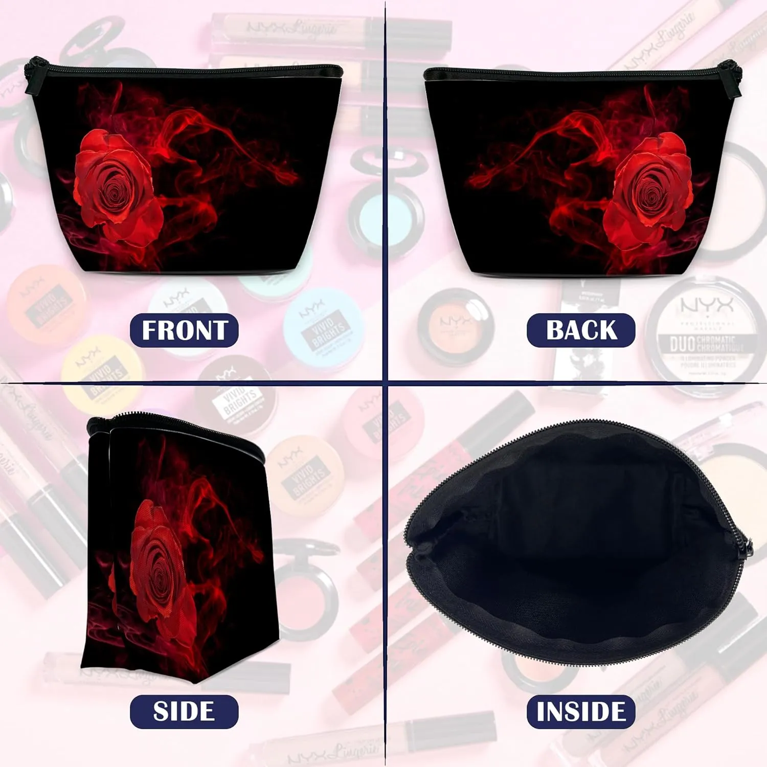 Makeup Bag for Purse, Waterproof Funny Abstract Red Rose Cosmetic Bag for Women, Zipper Travel Toiletry Pouch with Black Leaves Gift 9.55.9 Inch