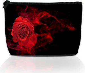Makeup Bag for Purse, Waterproof Funny Abstract Red Rose Cosmetic Bag for Women, Zipper Travel Toiletry Pouch with Black Leaves Gift 9.55.9 Inch