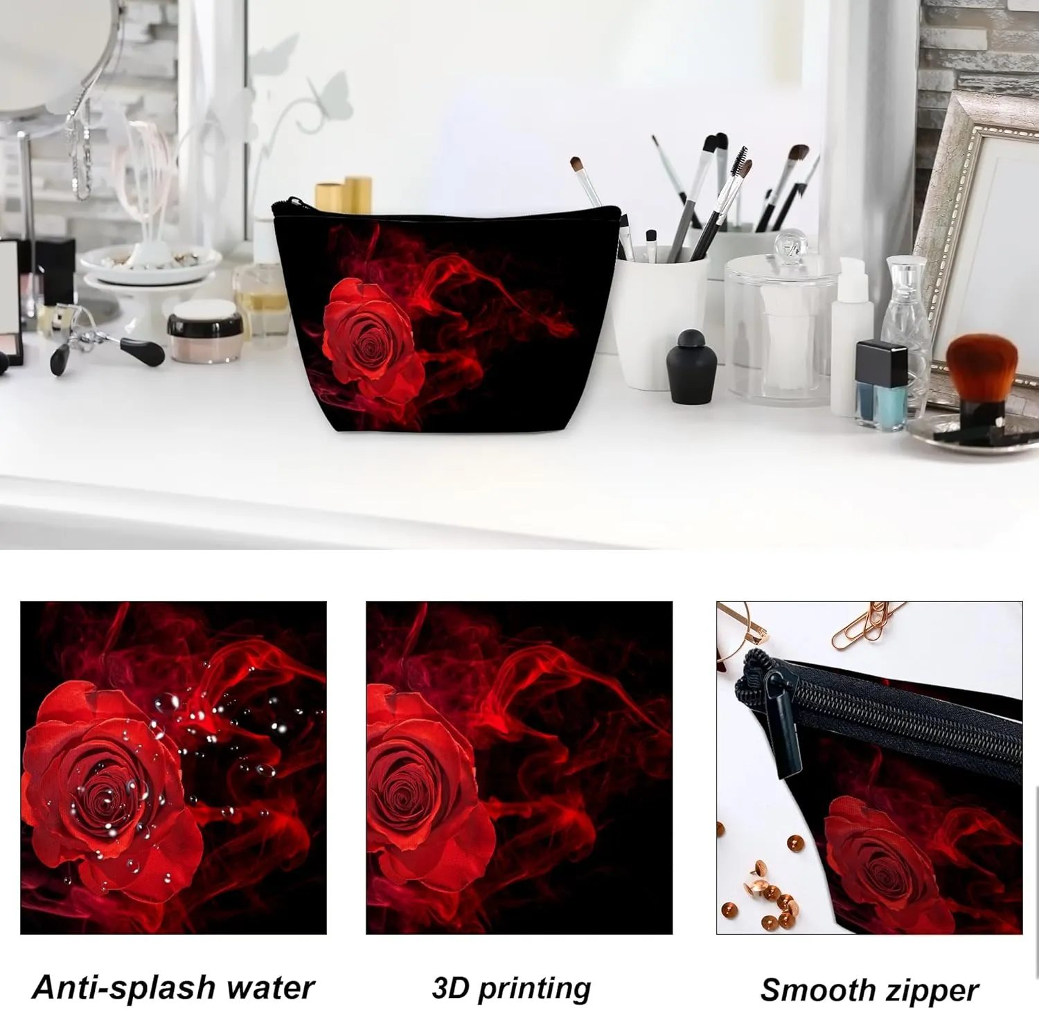 Makeup Bag for Purse, Waterproof Funny Abstract Red Rose Cosmetic Bag for Women, Zipper Travel Toiletry Pouch with Black Leaves Gift 9.55.9 Inch