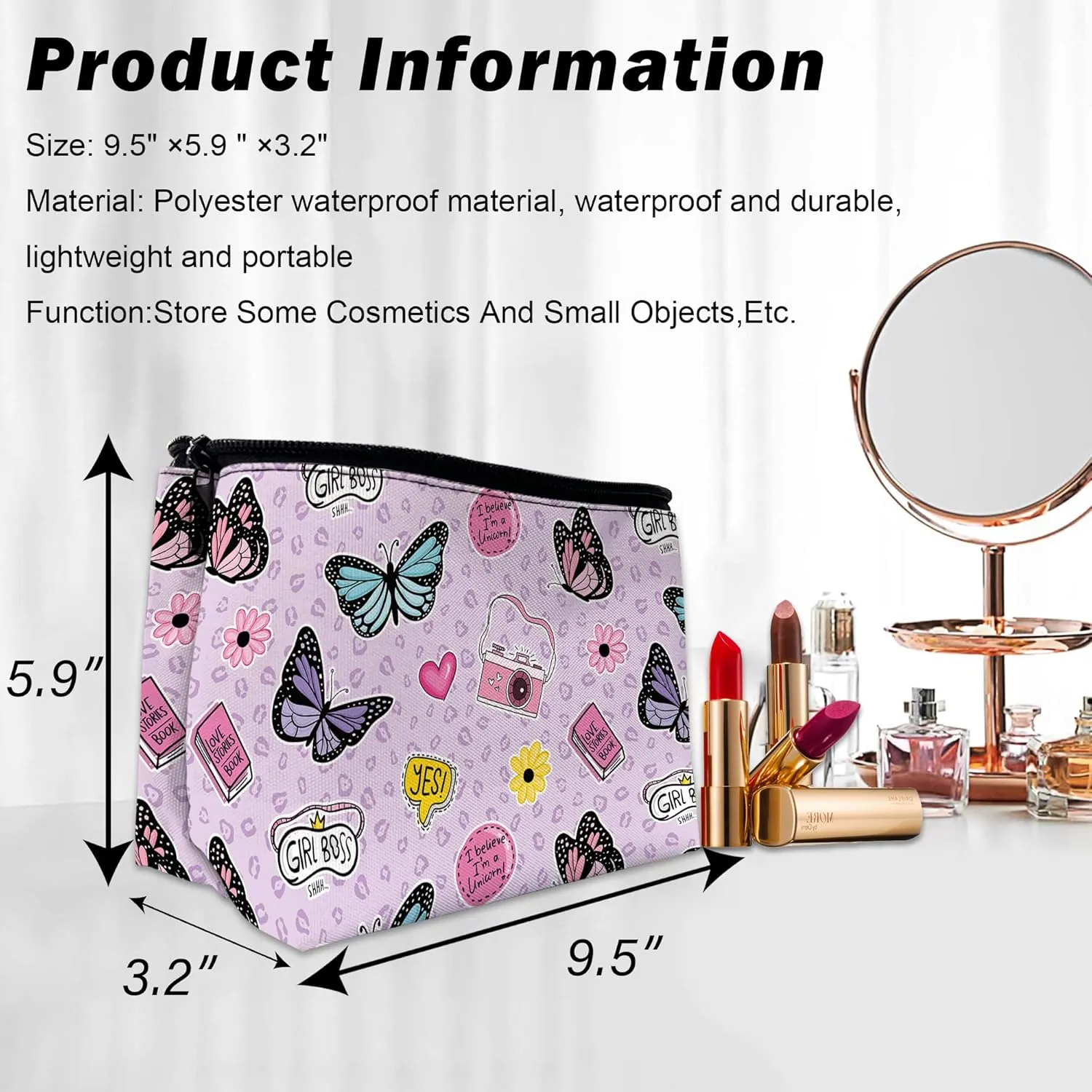 Makeup Bag for Purse, Waterproof Funny Cute Cartoon Butterflies Cosmetic Bag for Women, Zipper Travel Toiletry Pouch Gift 9.55.9 Inch