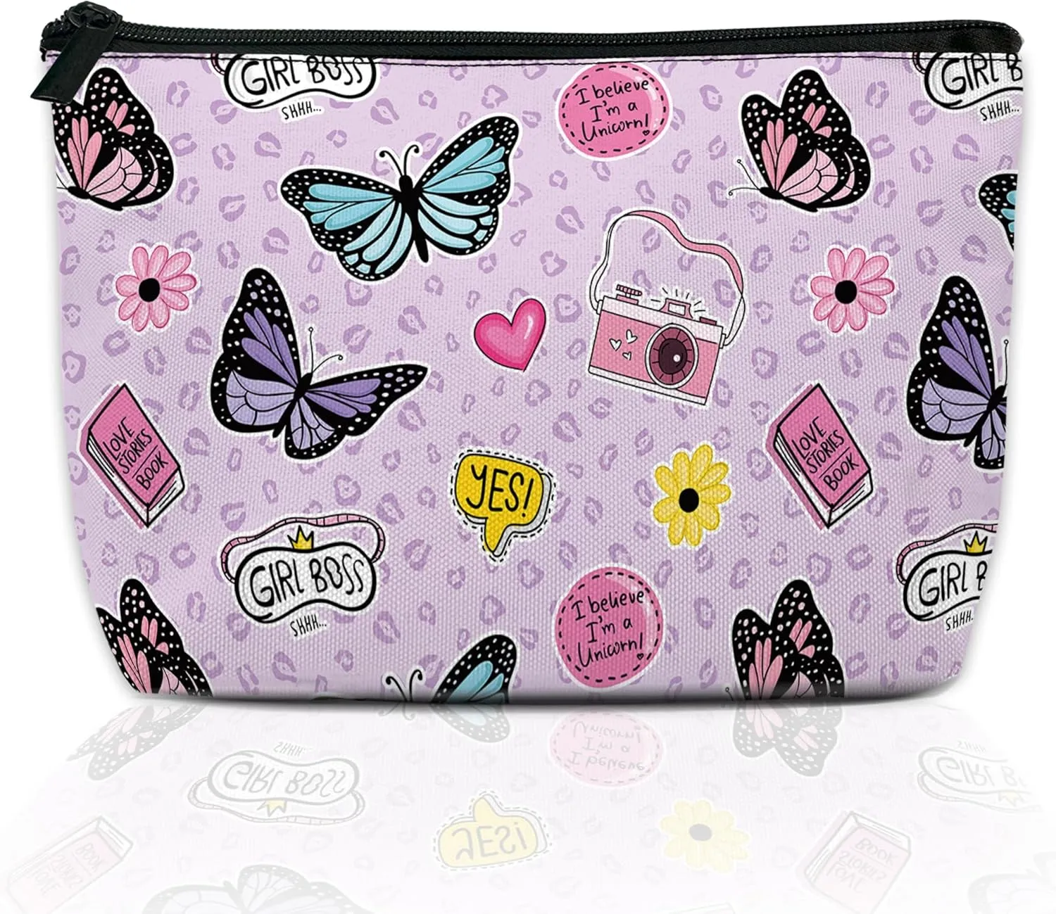Makeup Bag for Purse, Waterproof Funny Cute Cartoon Butterflies Cosmetic Bag for Women, Zipper Travel Toiletry Pouch Gift 9.55.9 Inch