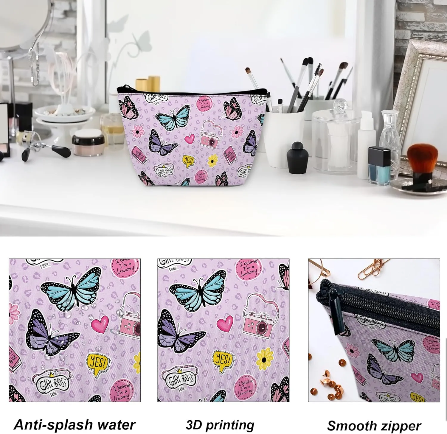 Makeup Bag for Purse, Waterproof Funny Cute Cartoon Butterflies Cosmetic Bag for Women, Zipper Travel Toiletry Pouch Gift 9.55.9 Inch