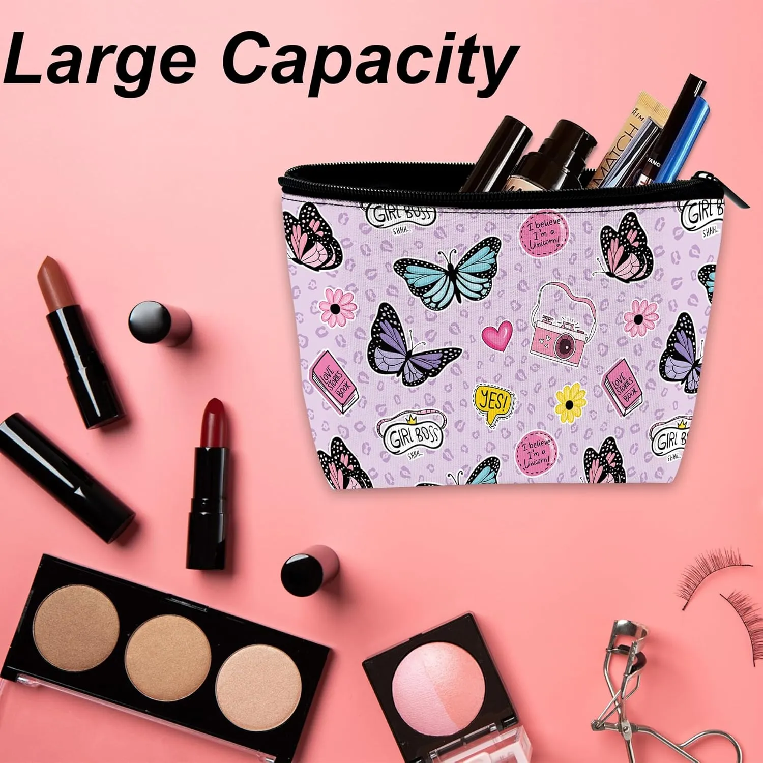 Makeup Bag for Purse, Waterproof Funny Cute Cartoon Butterflies Cosmetic Bag for Women, Zipper Travel Toiletry Pouch Gift 9.55.9 Inch