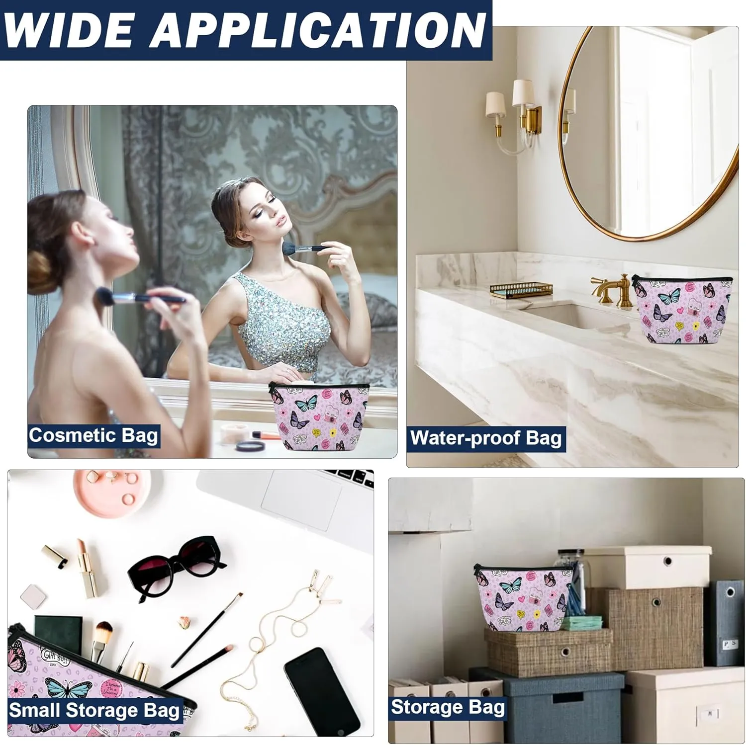 Makeup Bag for Purse, Waterproof Funny Cute Cartoon Butterflies Cosmetic Bag for Women, Zipper Travel Toiletry Pouch Gift 9.55.9 Inch