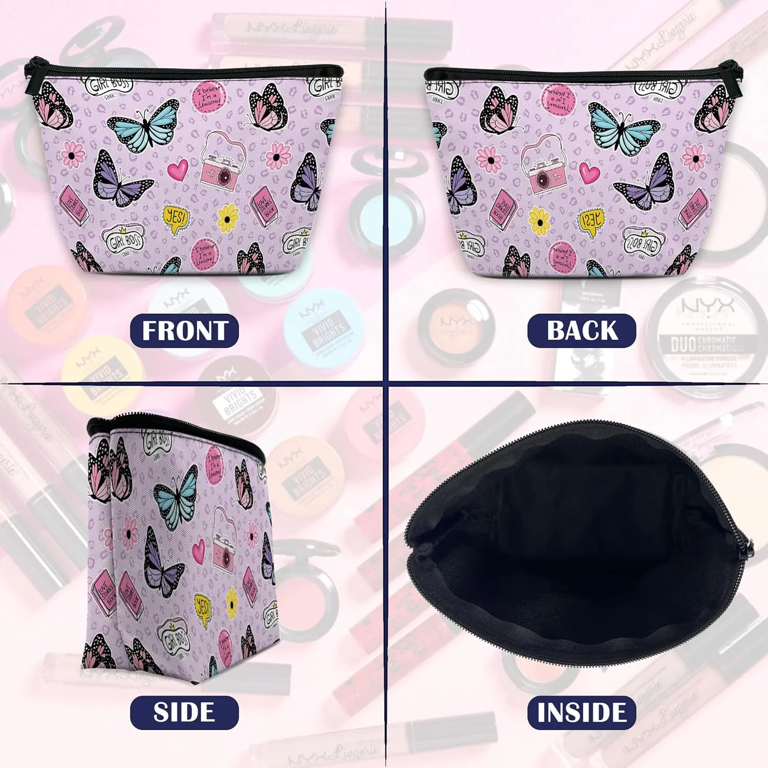 Makeup Bag for Purse, Waterproof Funny Cute Cartoon Butterflies Cosmetic Bag for Women, Zipper Travel Toiletry Pouch Gift 9.55.9 Inch
