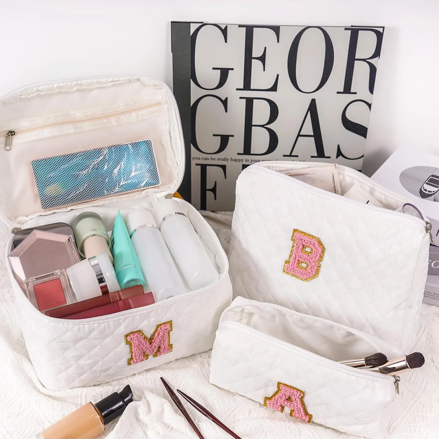 Makeup Bag Set,Initial Cosmetic Bag for Women,Cute Make Up Bags,Toiletry Organizer Travel Accessories-B