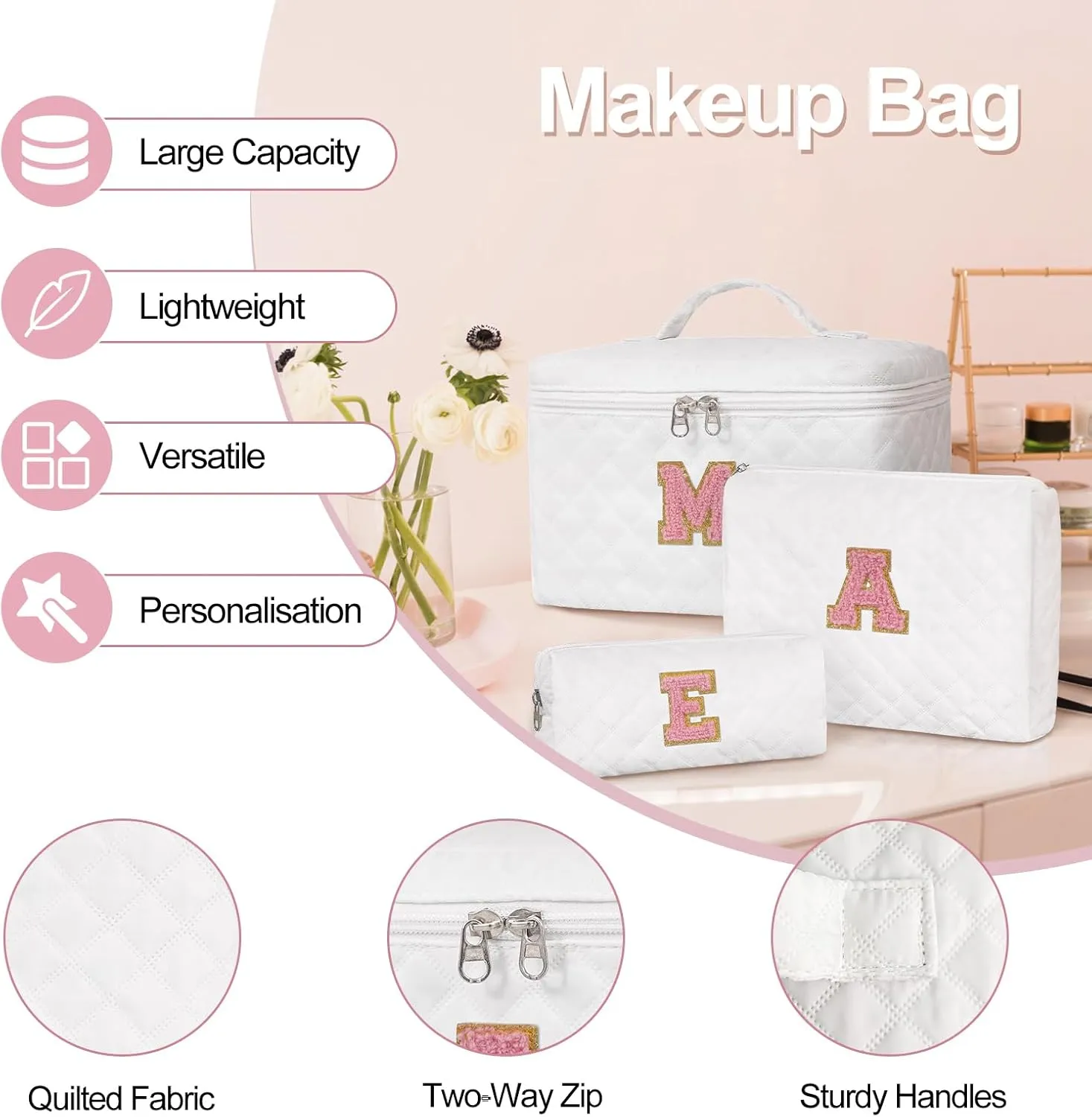 Makeup Bag Set,Initial Cosmetic Bag for Women,Cute Make Up Bags,Toiletry Organizer Travel Accessories-B