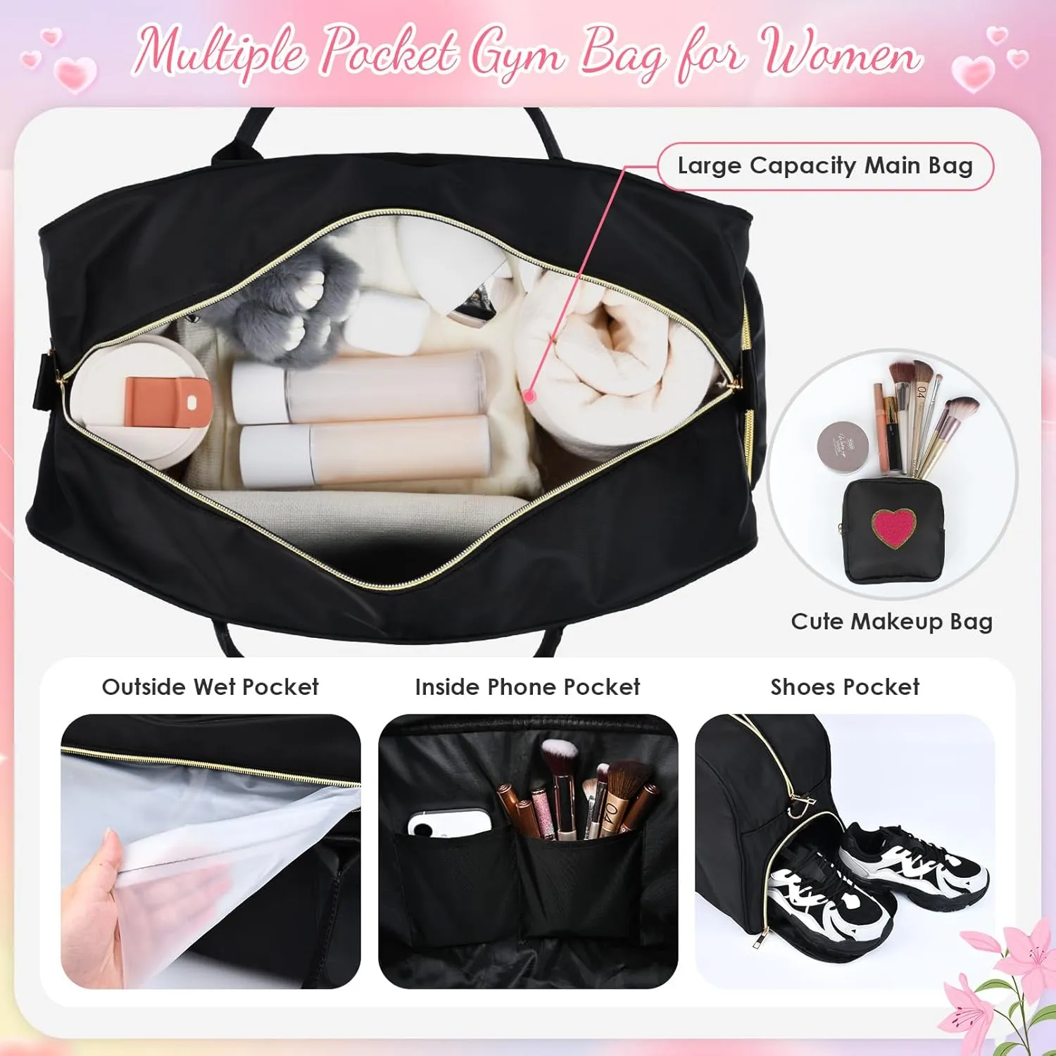 Mama Hospital Bag for Women Labor and Delivery Nylon Chenille Letter Embroidered Travel Duffle Overnight Weekender Bag with Shoes Compartment and Mothers Day Gifts Black-Hot Pink