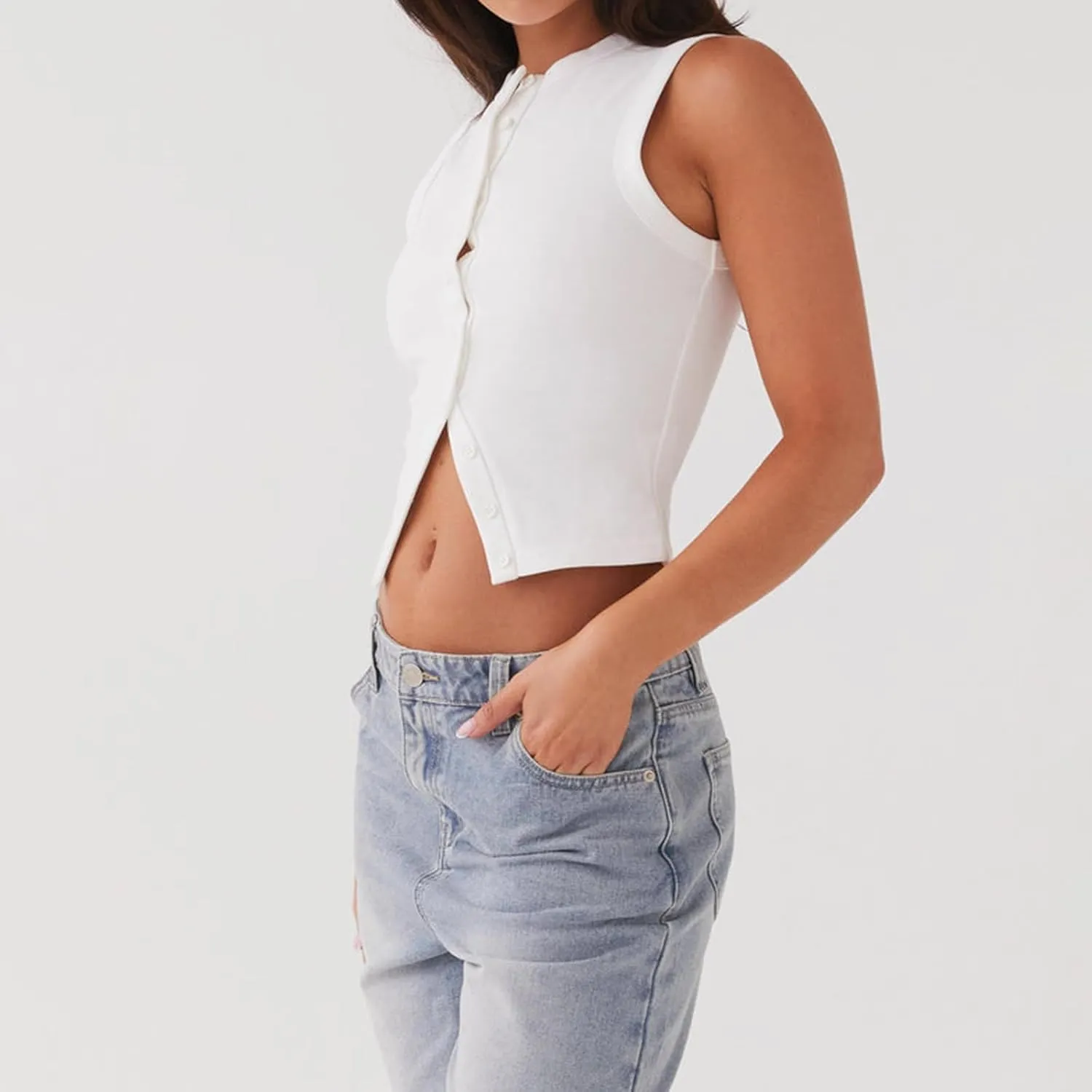 Meihuida Women Ribbed Button Down Y2k Going Out Crop Tank Top Sleeveless Knit Vest Tops