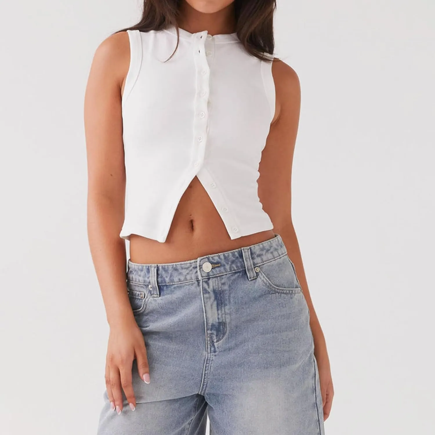Meihuida Women Ribbed Button Down Y2k Going Out Crop Tank Top Sleeveless Knit Vest Tops