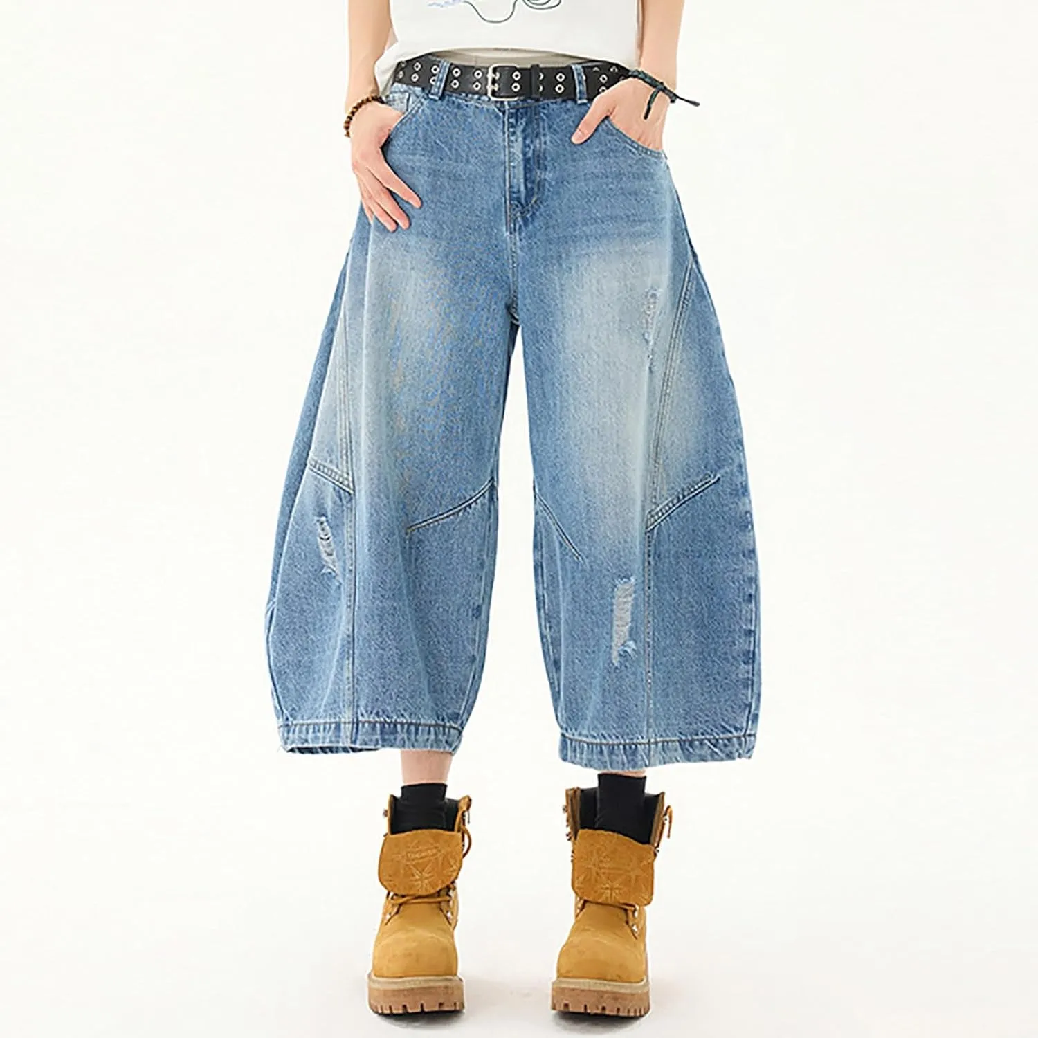 Men Loose Denim Shorts Baggy Casual Summer Wide Leg Mid Jean Jorts Hip Hop Shorts Streetwear with Pockets