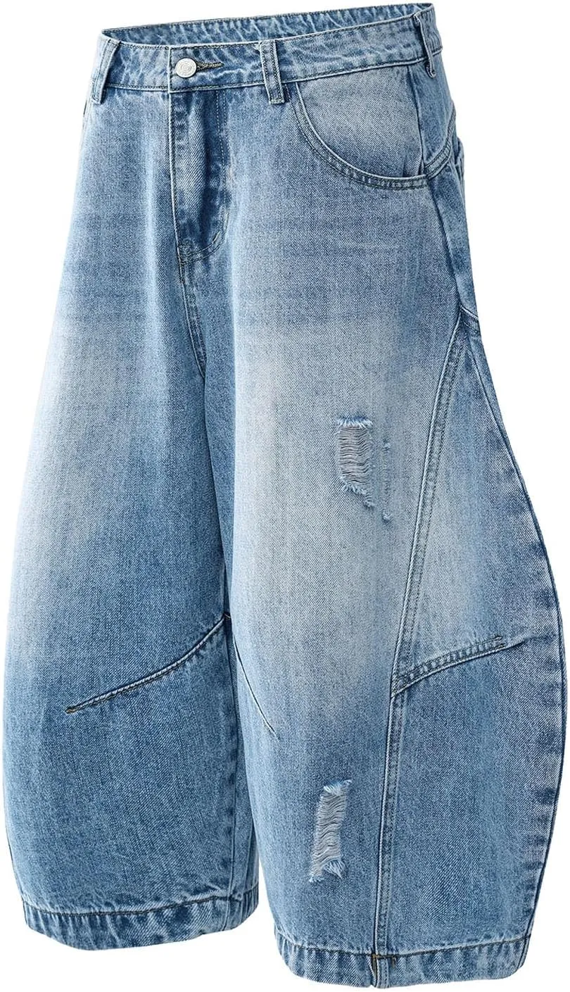 Men Loose Denim Shorts Baggy Casual Summer Wide Leg Mid Jean Jorts Hip Hop Shorts Streetwear with Pockets