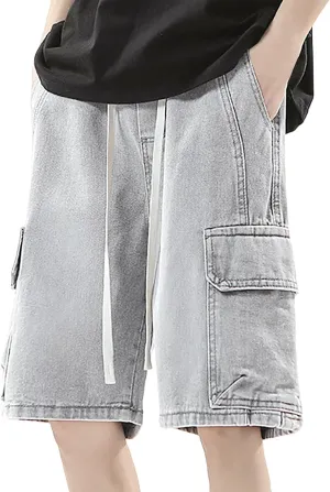 Men Wide Leg Hip Hop Mid Jean Shorts Work Denim Shorts with Pockets Casual 2025 Trendy Streetwear