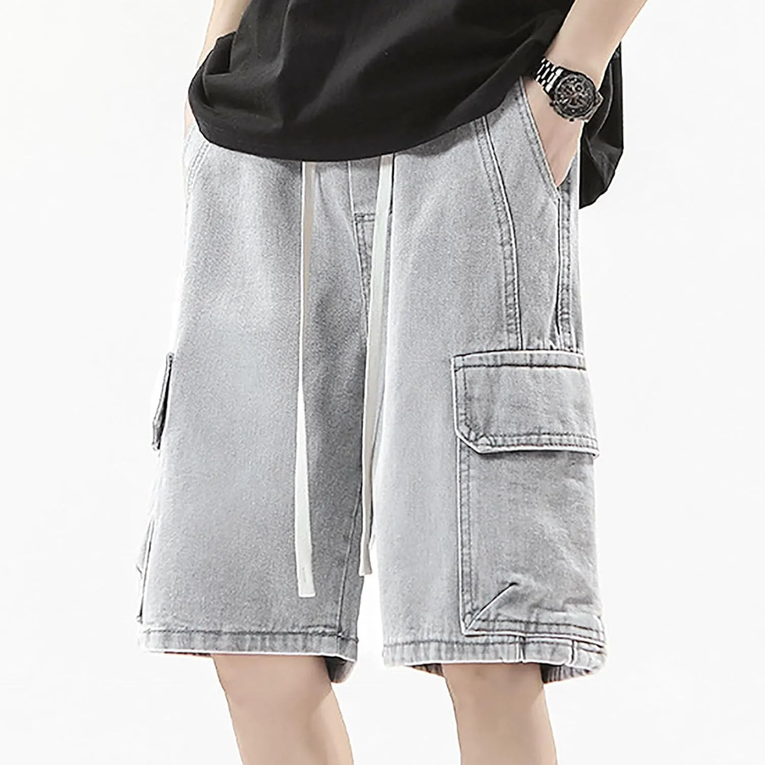 Men Wide Leg Hip Hop Mid Jean Shorts Work Denim Shorts with Pockets Casual 2025 Trendy Streetwear