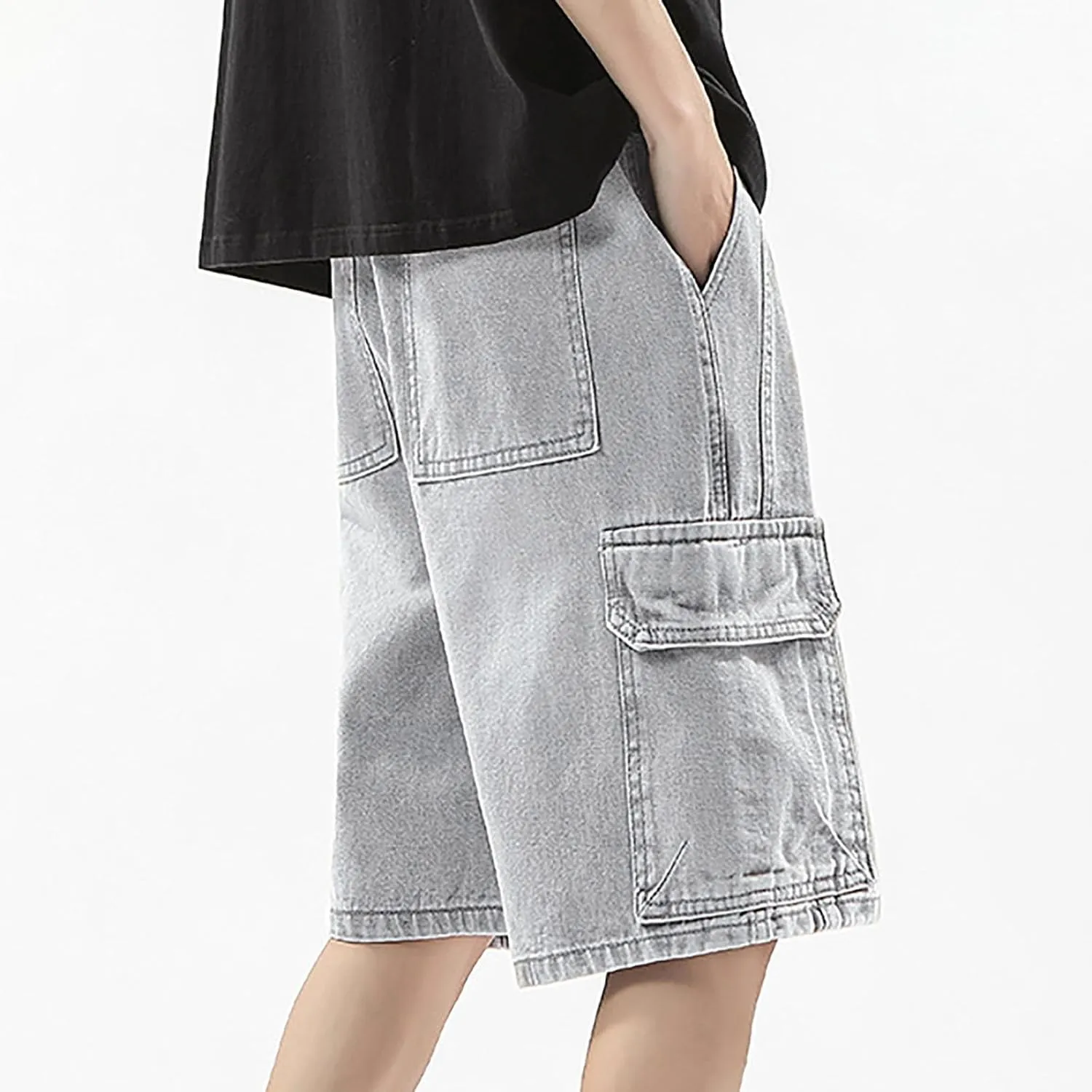 Men Wide Leg Hip Hop Mid Jean Shorts Work Denim Shorts with Pockets Casual 2025 Trendy Streetwear