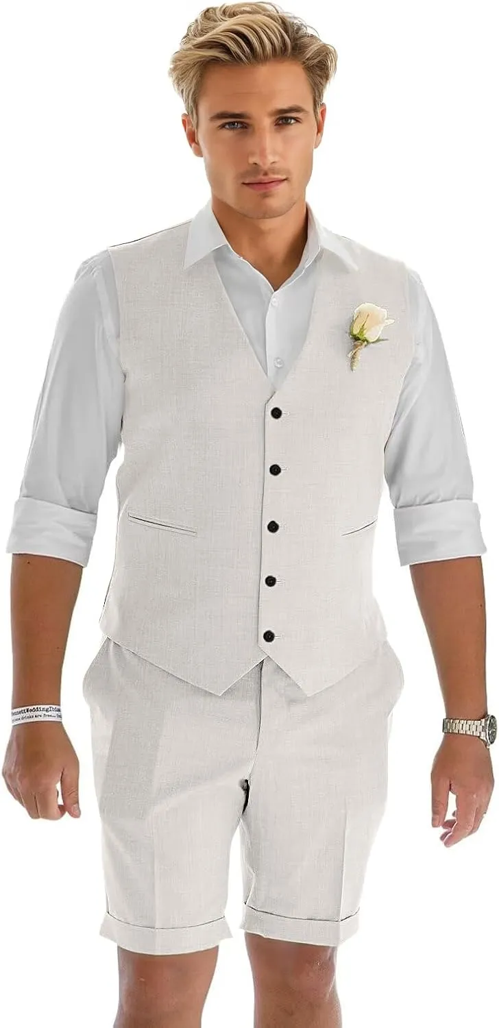 Men's Linen Suit 2 Piece Slim Fit Shorts Suits for Men Casual Summer Beach Wedding Vest Shorts Set