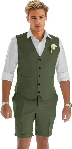 Men's Linen Suit 2 Piece Slim Fit Shorts Suits for Men Casual Summer Beach Wedding Vest Shorts Set