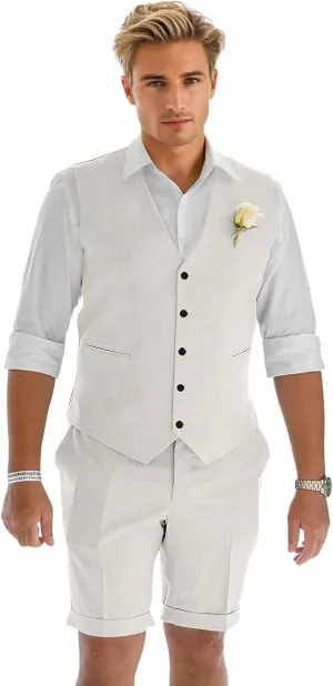 Men's Linen Suit 2 Piece Slim Fit Shorts Suits for Men Casual Summer Beach Wedding Vest Shorts Set