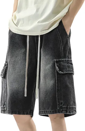 Mens Loose Fit Hip Hop Cropped Jean Shorts Work Denim Shorts with Pockets Skateboard Pants Streetwear Clothes