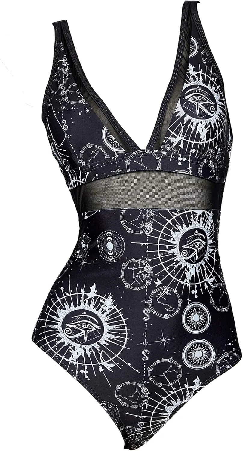 MEOWCOS Goth Swimsuit Star Moon Design Bathing Suit Dark Style Gothic Swimsuit