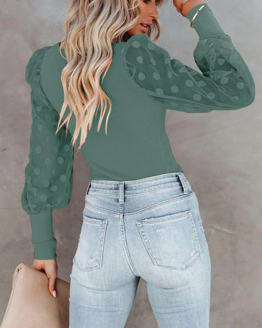 miduo Womens Tops Square Neck Polka Dot Balloon Long Sleeve Top Shirts Slim Knit Ribbed Tops Blouses