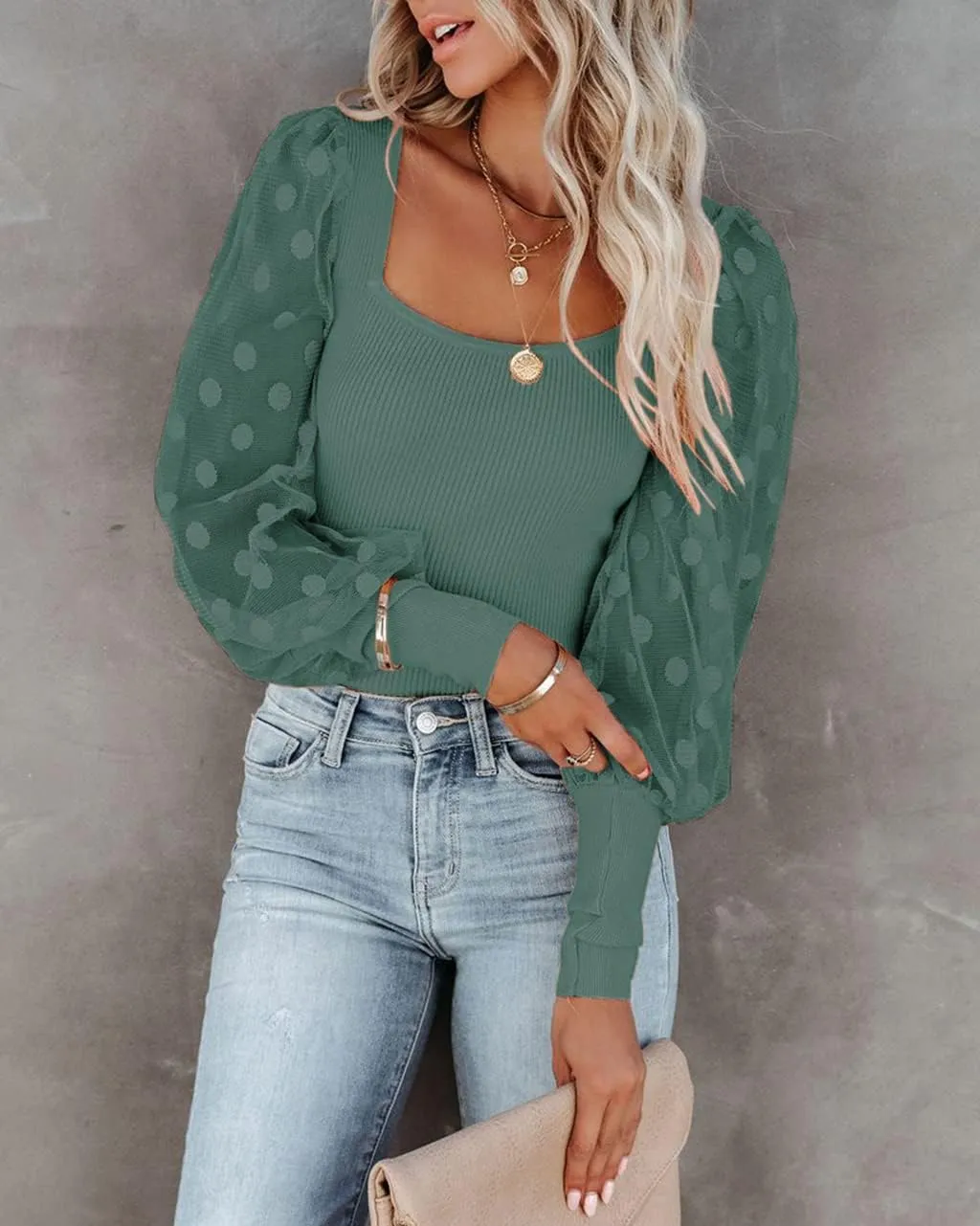 miduo Womens Tops Square Neck Polka Dot Balloon Long Sleeve Top Shirts Slim Knit Ribbed Tops Blouses