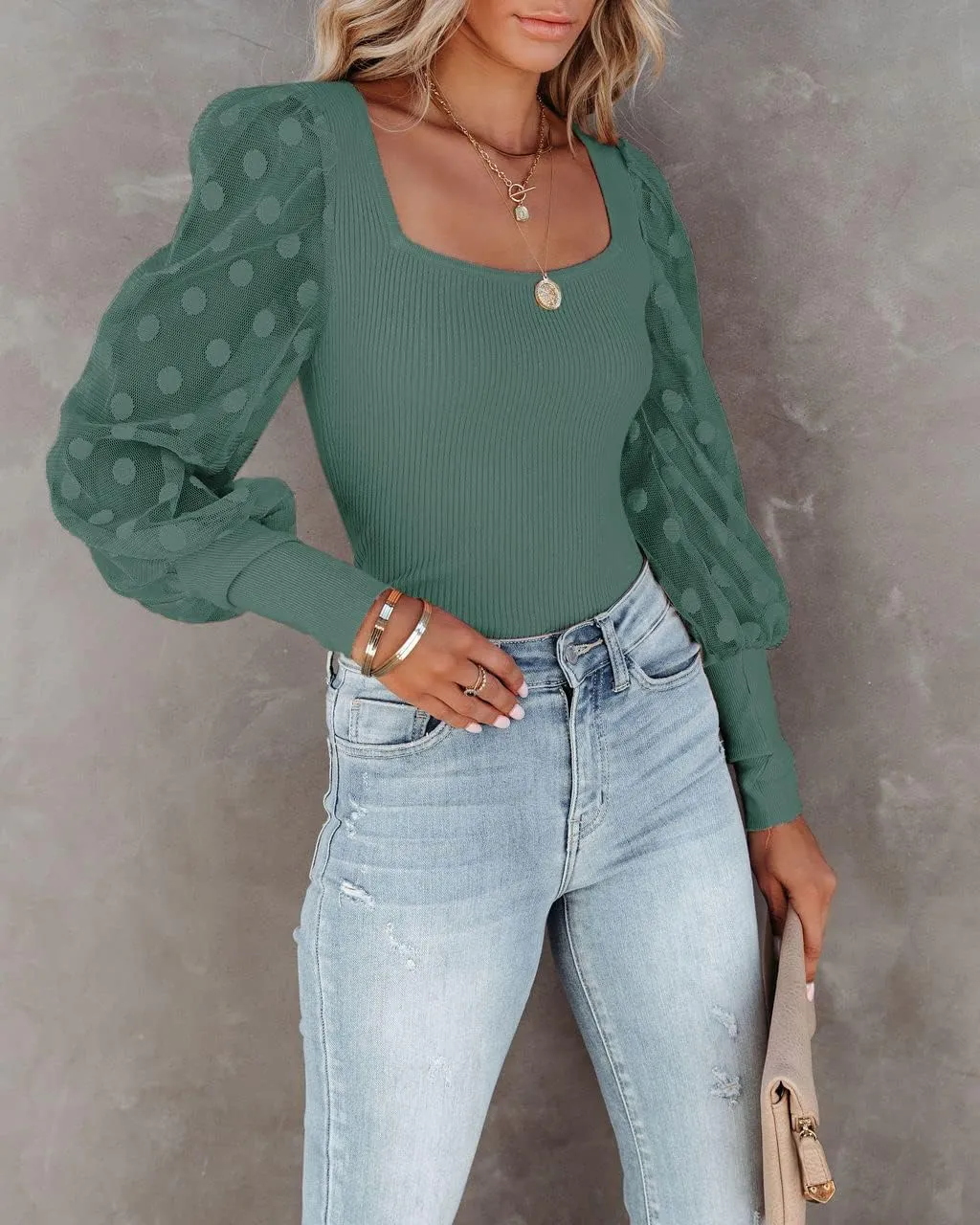 miduo Womens Tops Square Neck Polka Dot Balloon Long Sleeve Top Shirts Slim Knit Ribbed Tops Blouses
