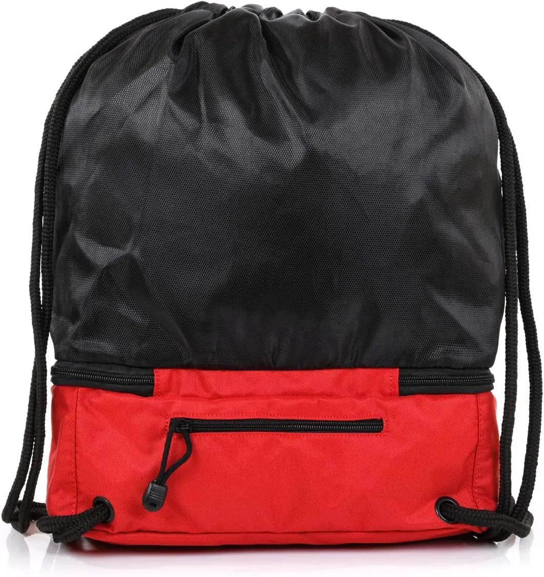 Mintra Sports Drawstring Bags - (Black/Red, Stellar (12in x 18in)) Backpack, Cinch Sackpack, Bag, String, Sports, Gym, Waterproof, Unisex, Used for Gym, Sport, Workout