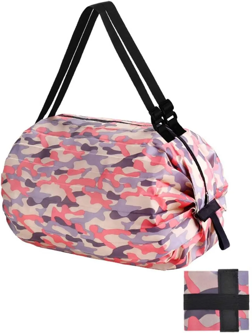 MLAFE Foldable Shopping Bags Cart Reusable Shopping Bags Shoulder Shopping Bag Supermarket Shopping Bag for Daily Commuting (Camouflage Pink)