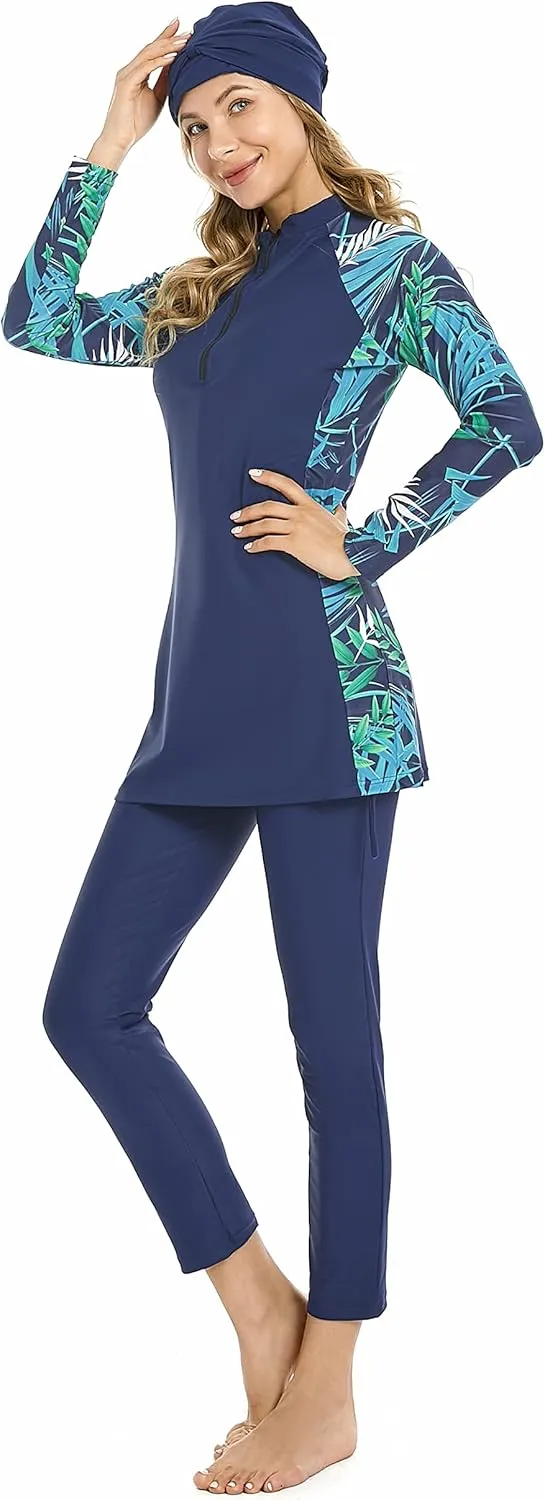 Modest Muslim Swimwear Full Coverage Islamic Burkini Set Long Sleeve Swimsuits with Hijab and Pants for Women