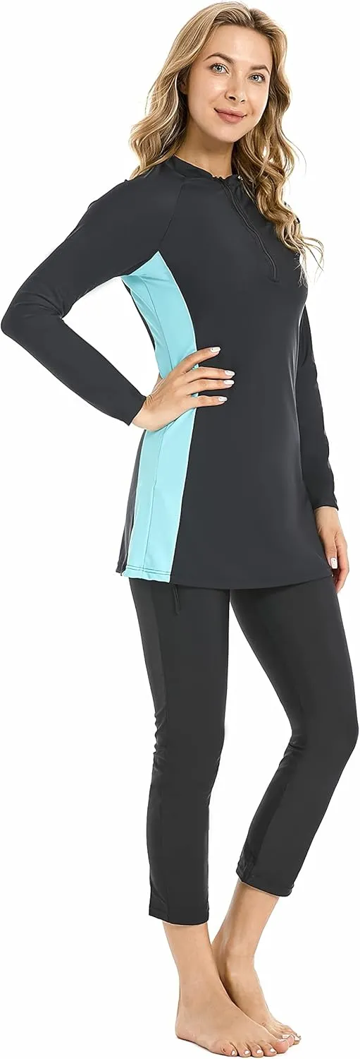 Modest Muslim Swimwear Full Coverage Islamic Burkini Set Long Sleeve Swimsuits with Hijab and Pants for Women